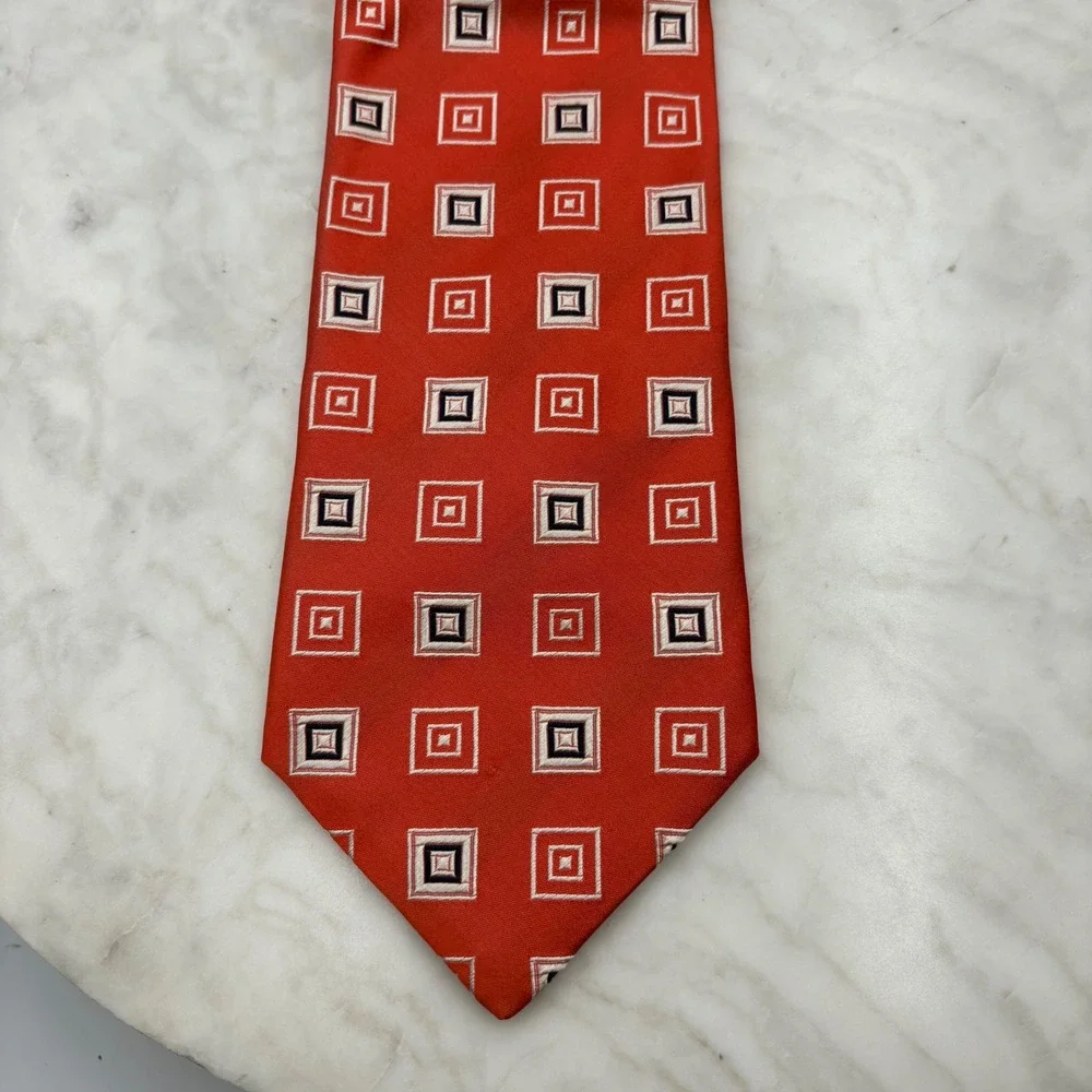 Canali Red Silk Geometric Square Pattern Stripe Mens Neck Tie Italy FLAW 3.75x61
